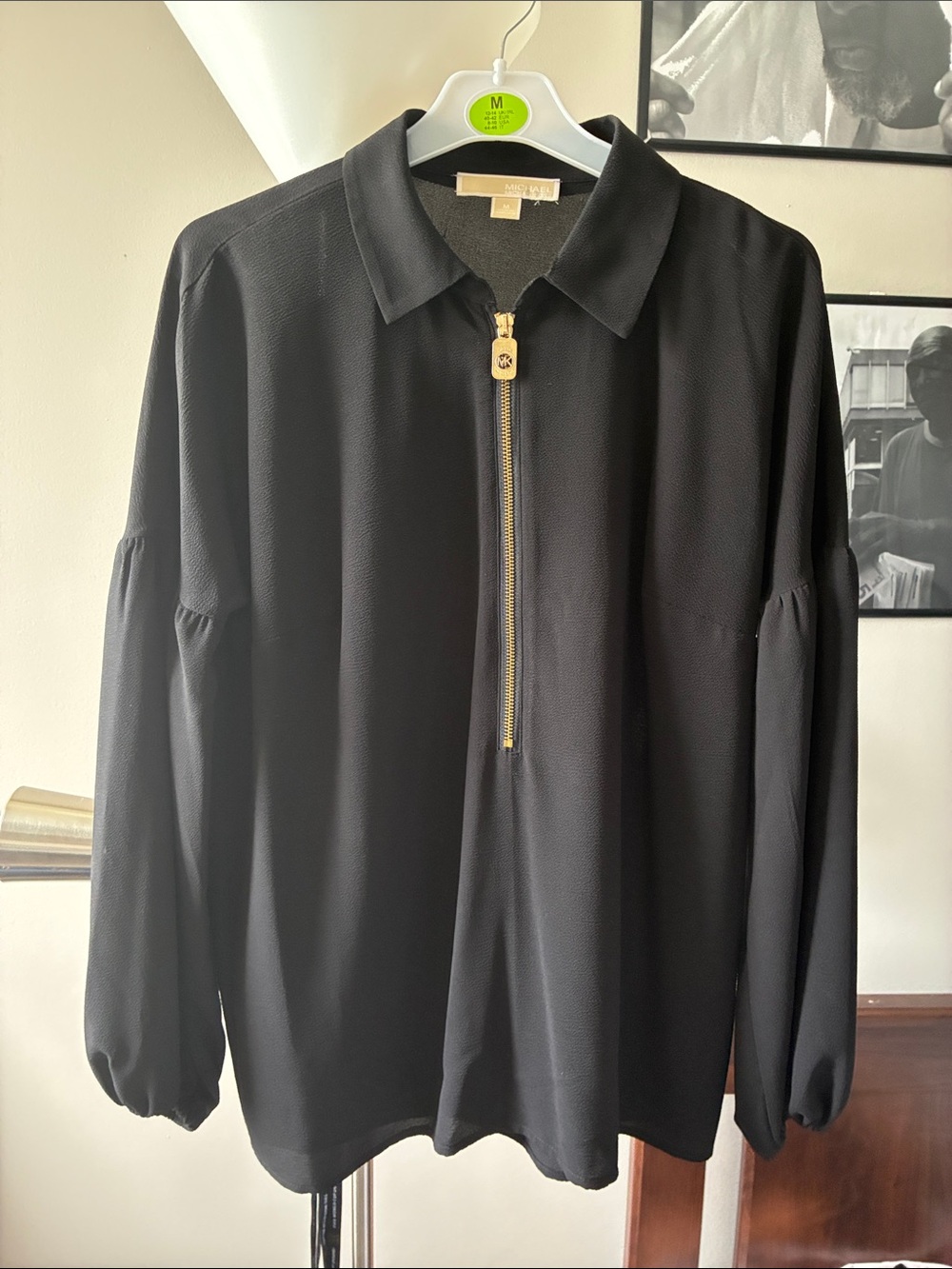 Michael Kors Black Long-Sleeve Zip Polo Blouse with Gold Hardware